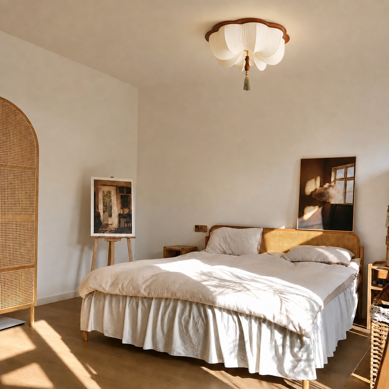 Sunlit bedroom scene showing the low-profile ceiling lamp.