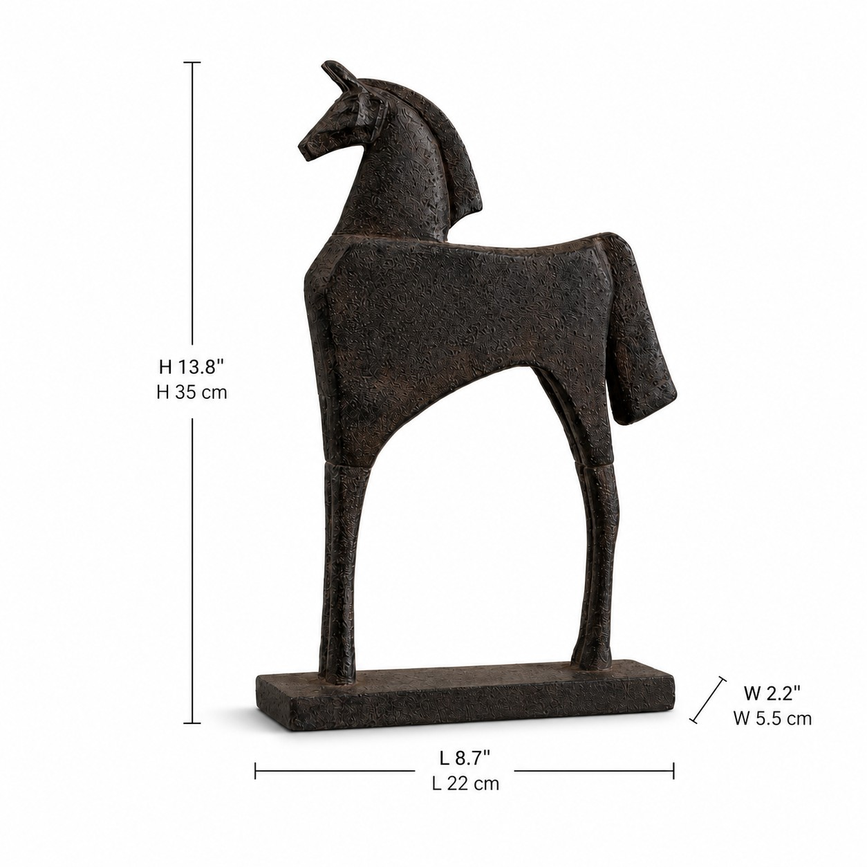 Equora horse sculpture dimensions: width 5.5, length 22, height 35 centimeters