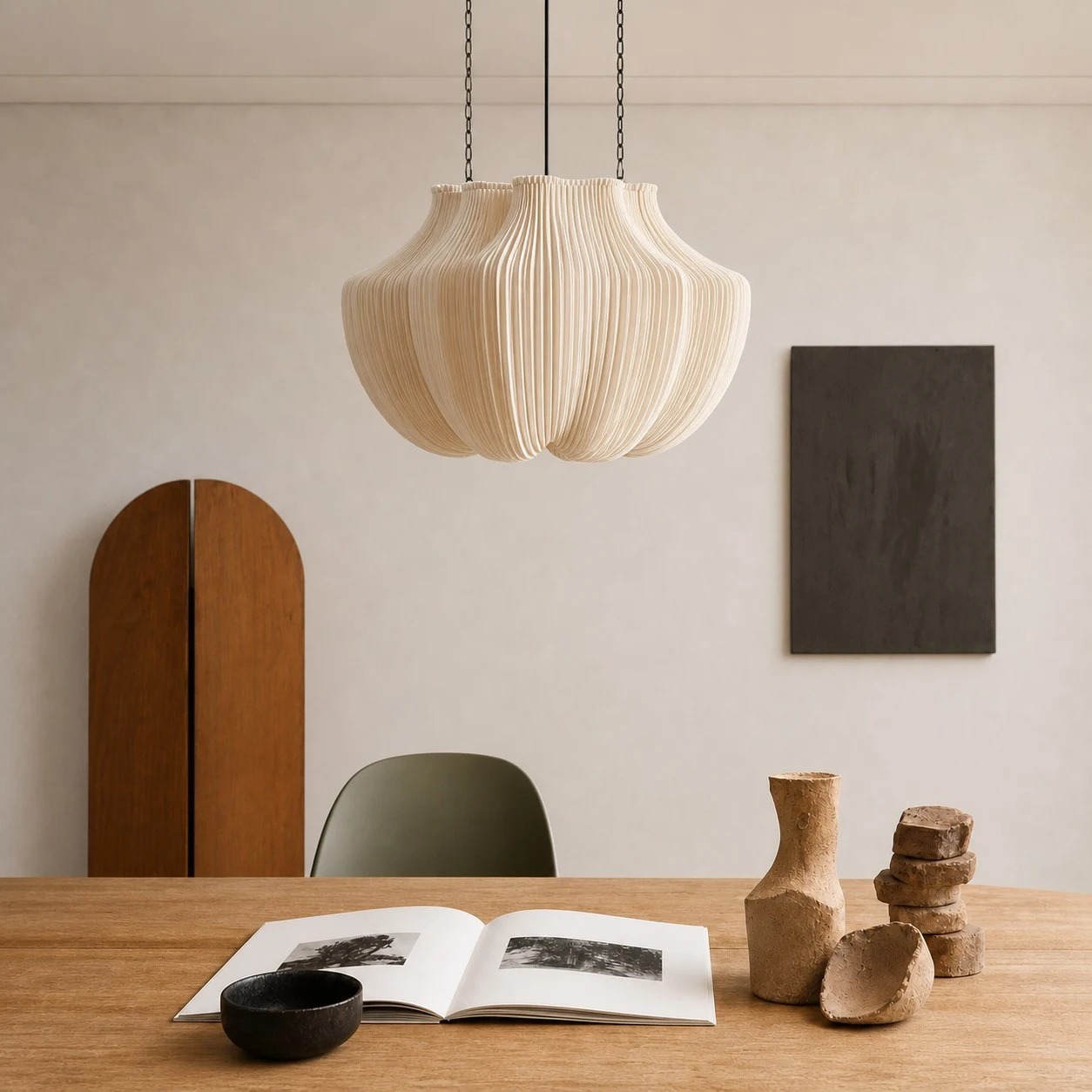 Linbron pleated fabric pendant lamp above a quiet wabi-sabi table setting