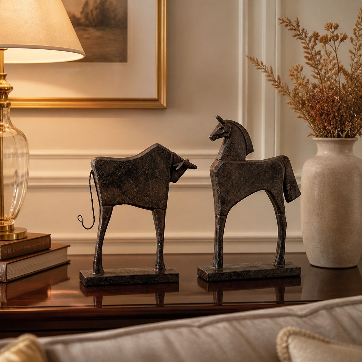 Equora rust horse and bull sculptures in a warm neutral room