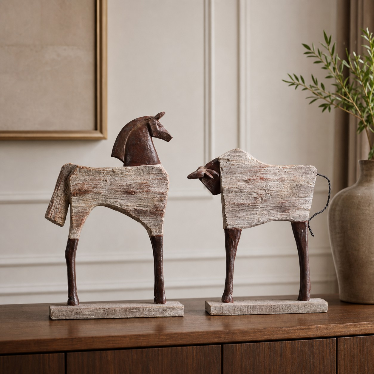 Equora horse and bull sculptures styled with neutral decor