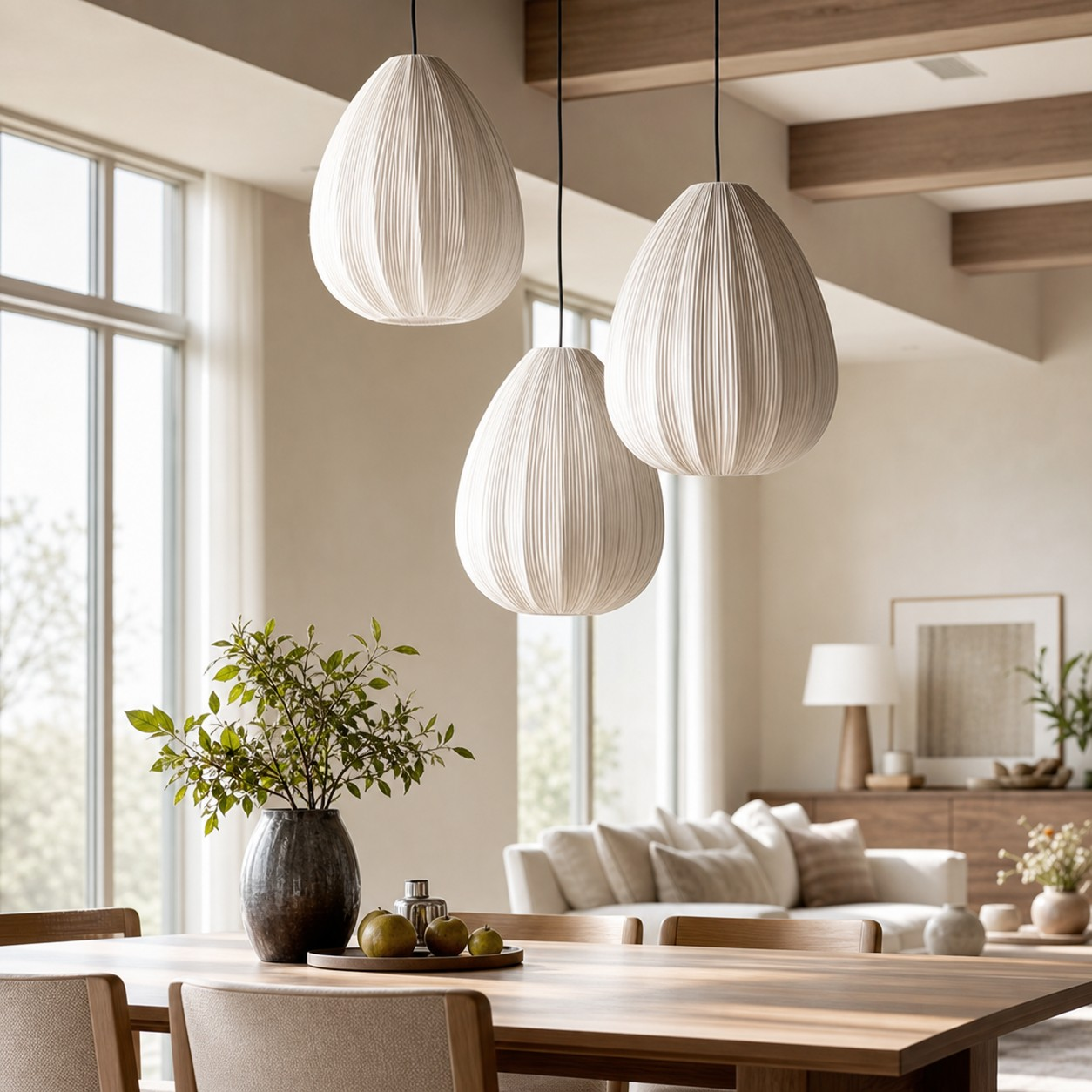 Pluvia tall ivory fabric pendant light in a warm interior