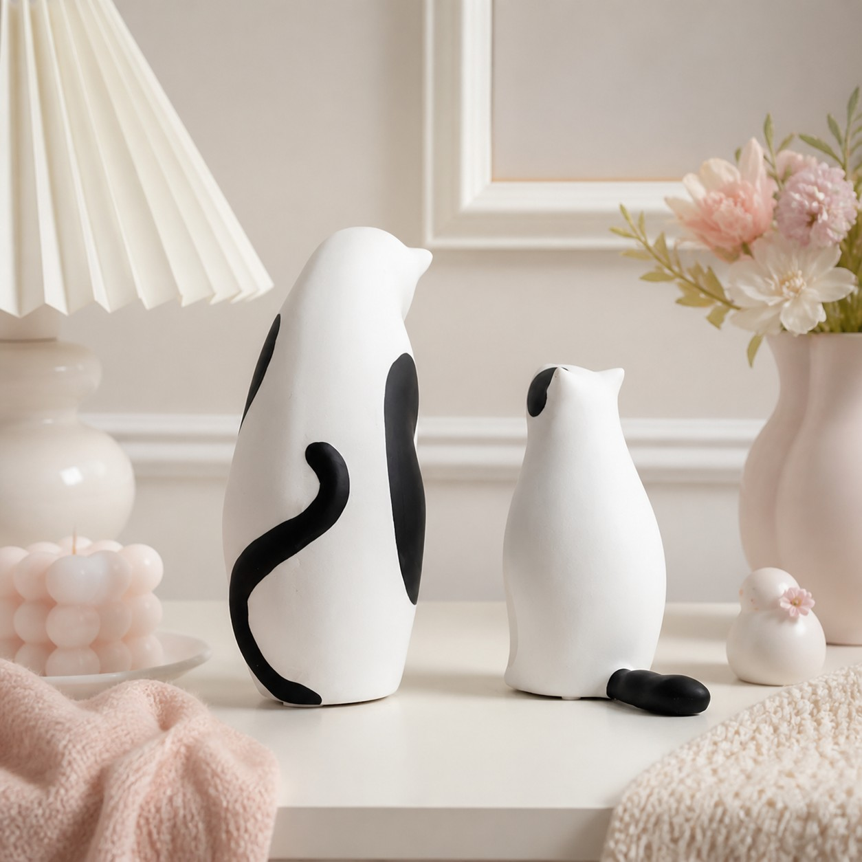 Felora black and white cat sculptures on a soft neutral shelf