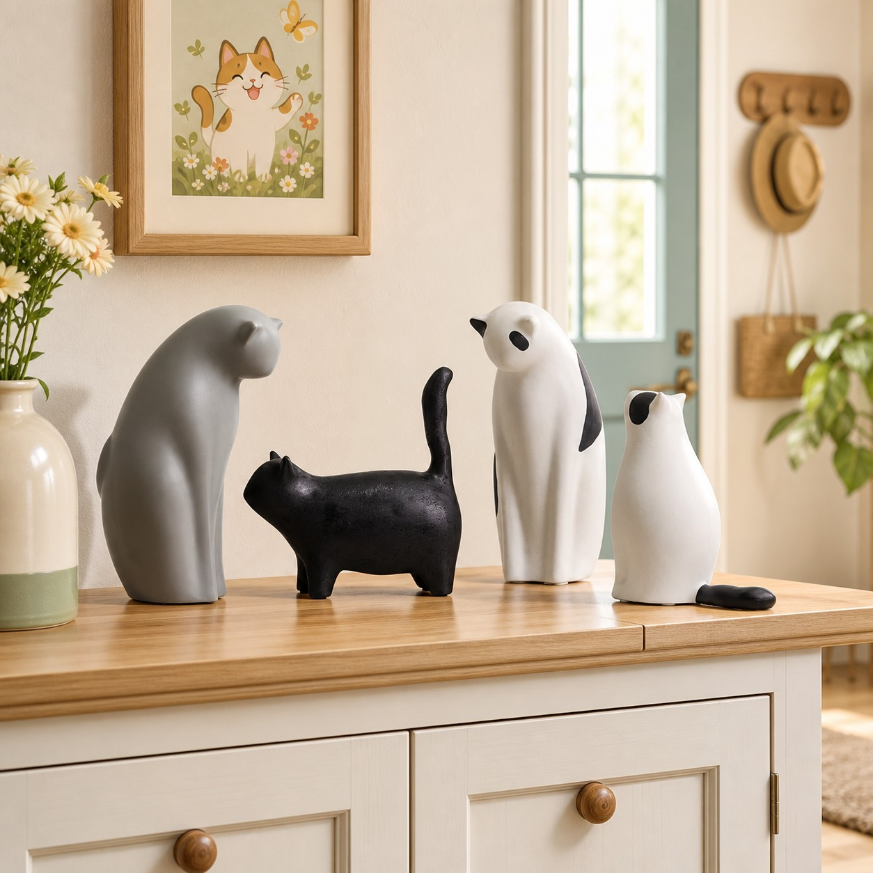 Felora cat sculptures arranged on a bright wooden console