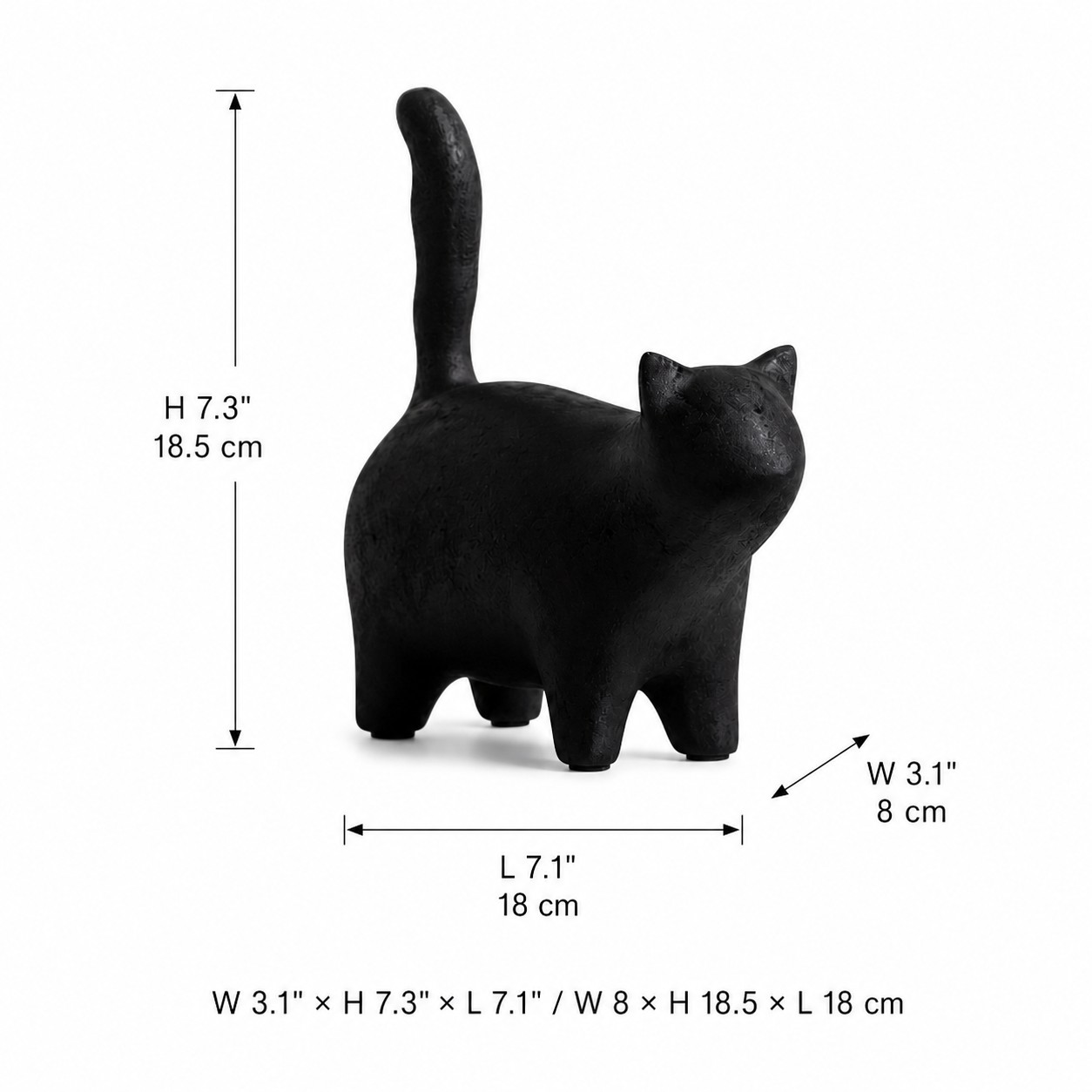 Felora raised-tail black cat dimensions: length 18, width 8 and height 18.5 centimeters