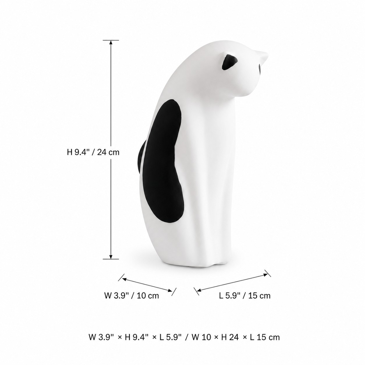 Felora bowing black and white cat dimensions: length 15, width 10 and height 24 centimeters; gray bowing cat shares the same dimensions