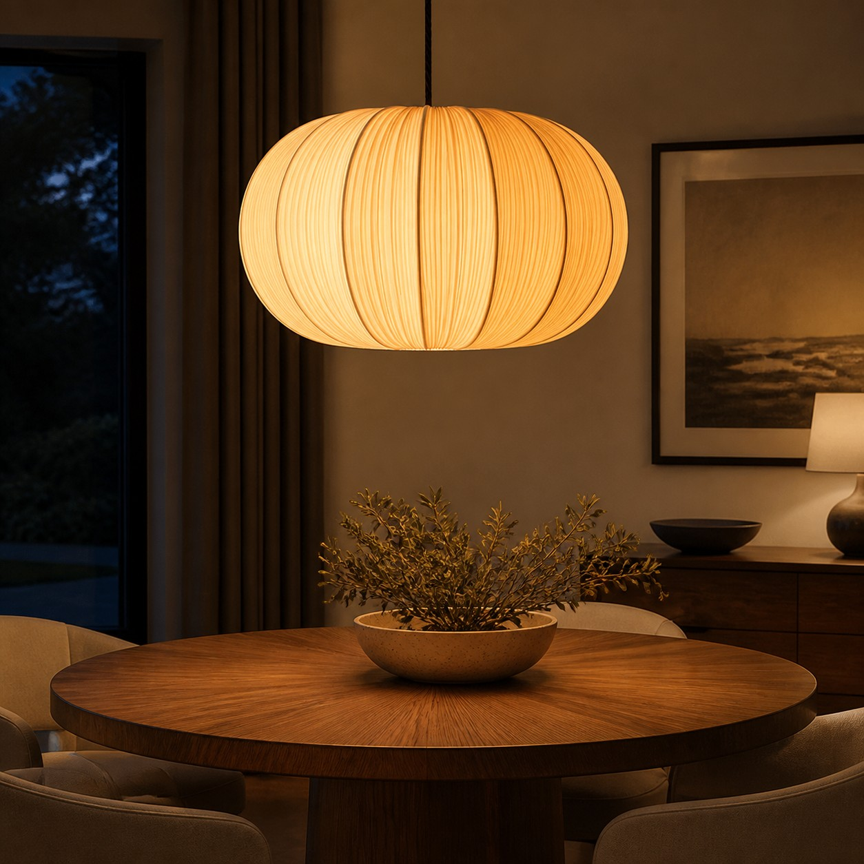 Pluvia round pleated fabric pendant light interior scene
