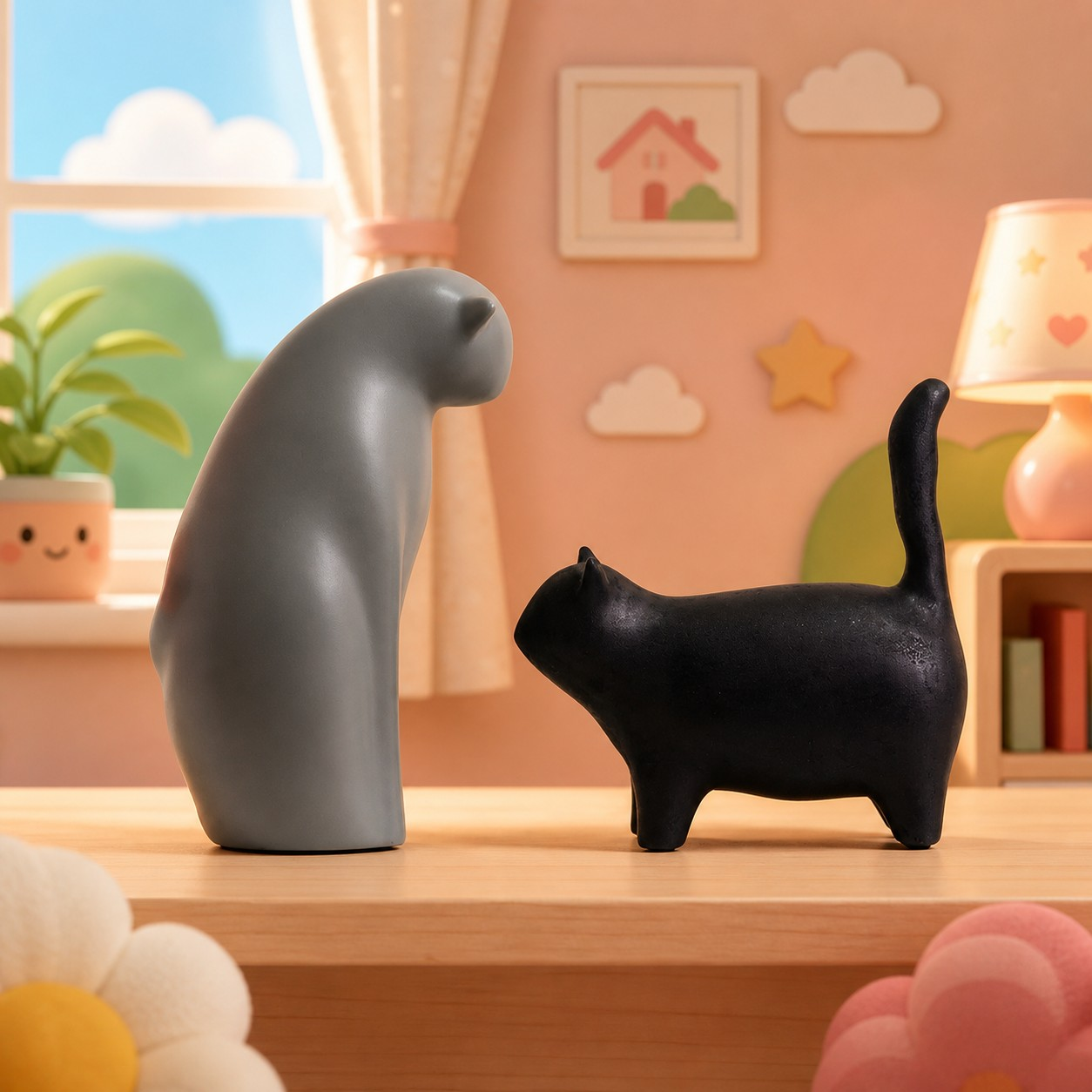 Felora gray and black cat figurines in a colorful room