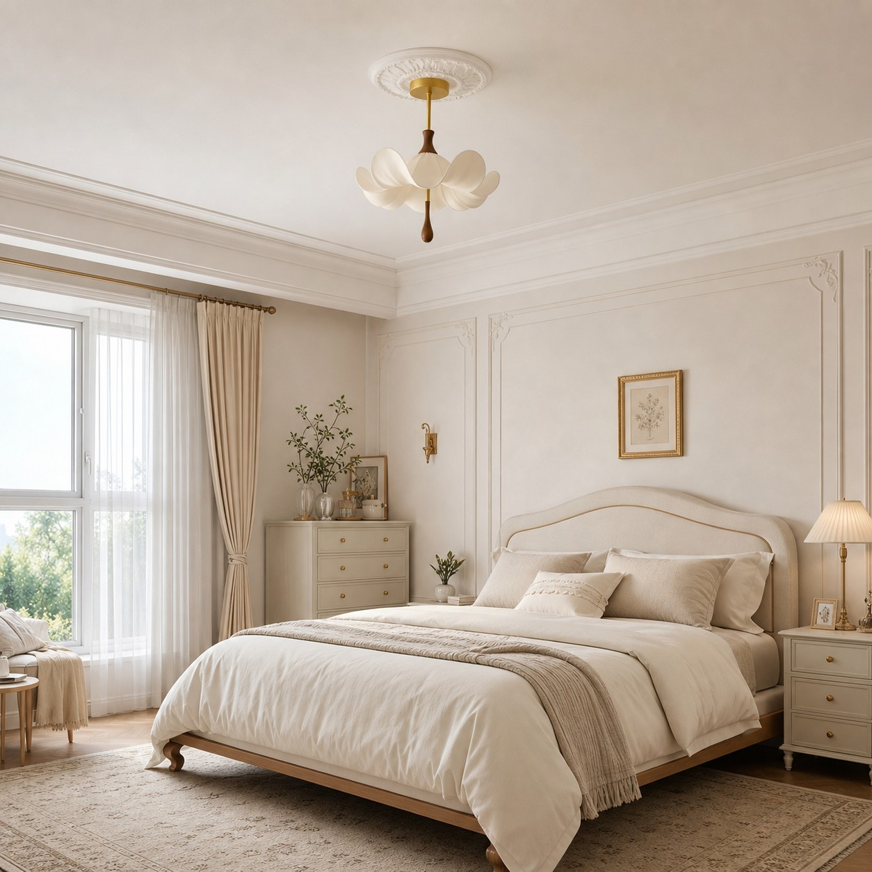 Magnolia ivory fabric floral ceiling lamp detail