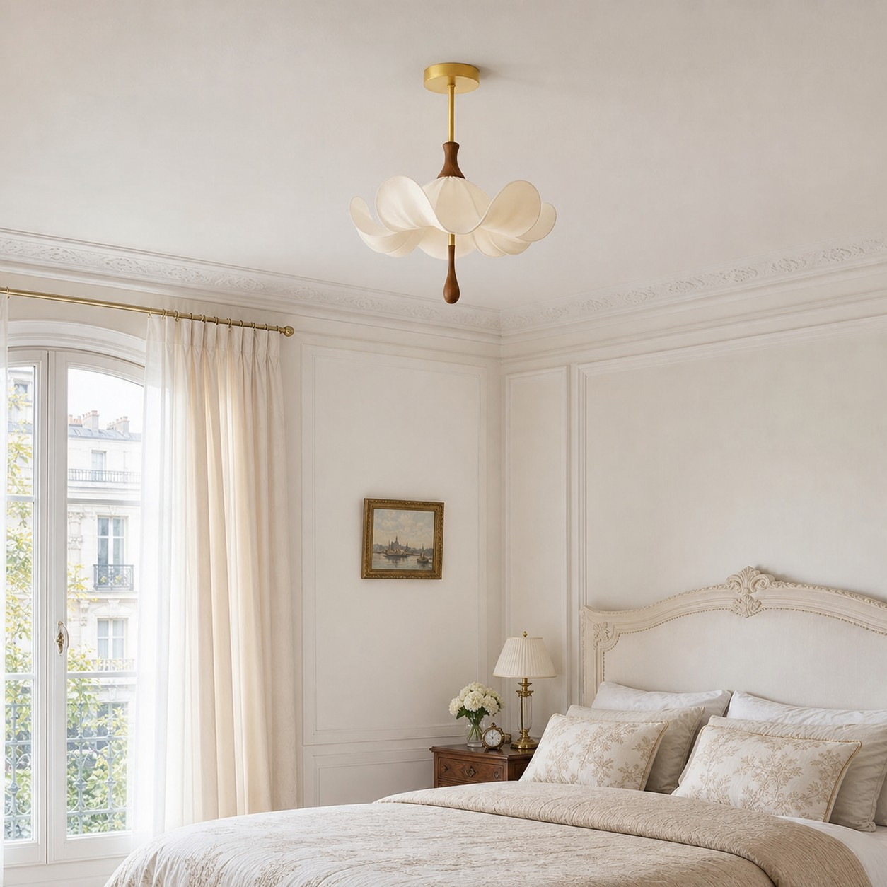 Magnolia ivory fabric floral ceiling lamp detail