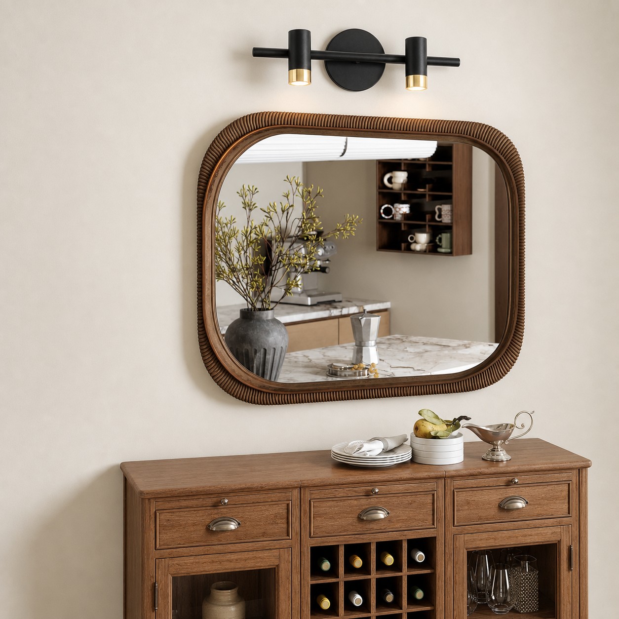Arvico 2 Head wall lamp above a sideboard mirror