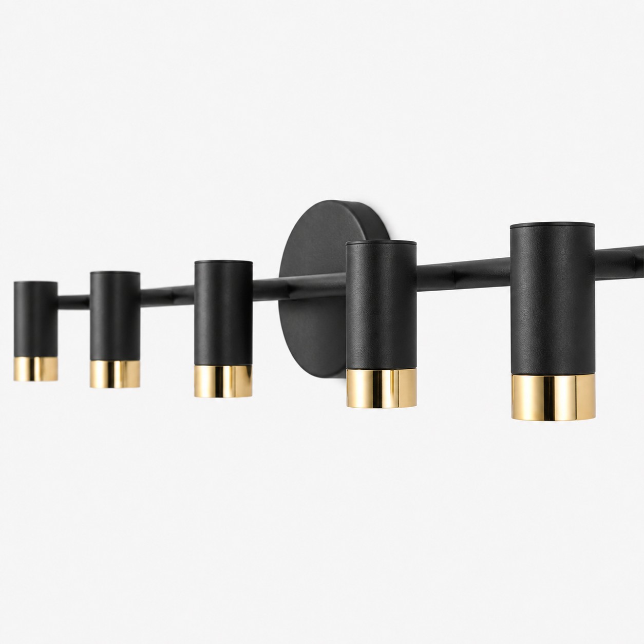 Arvico black metal light bar and cylindrical lamp heads detail