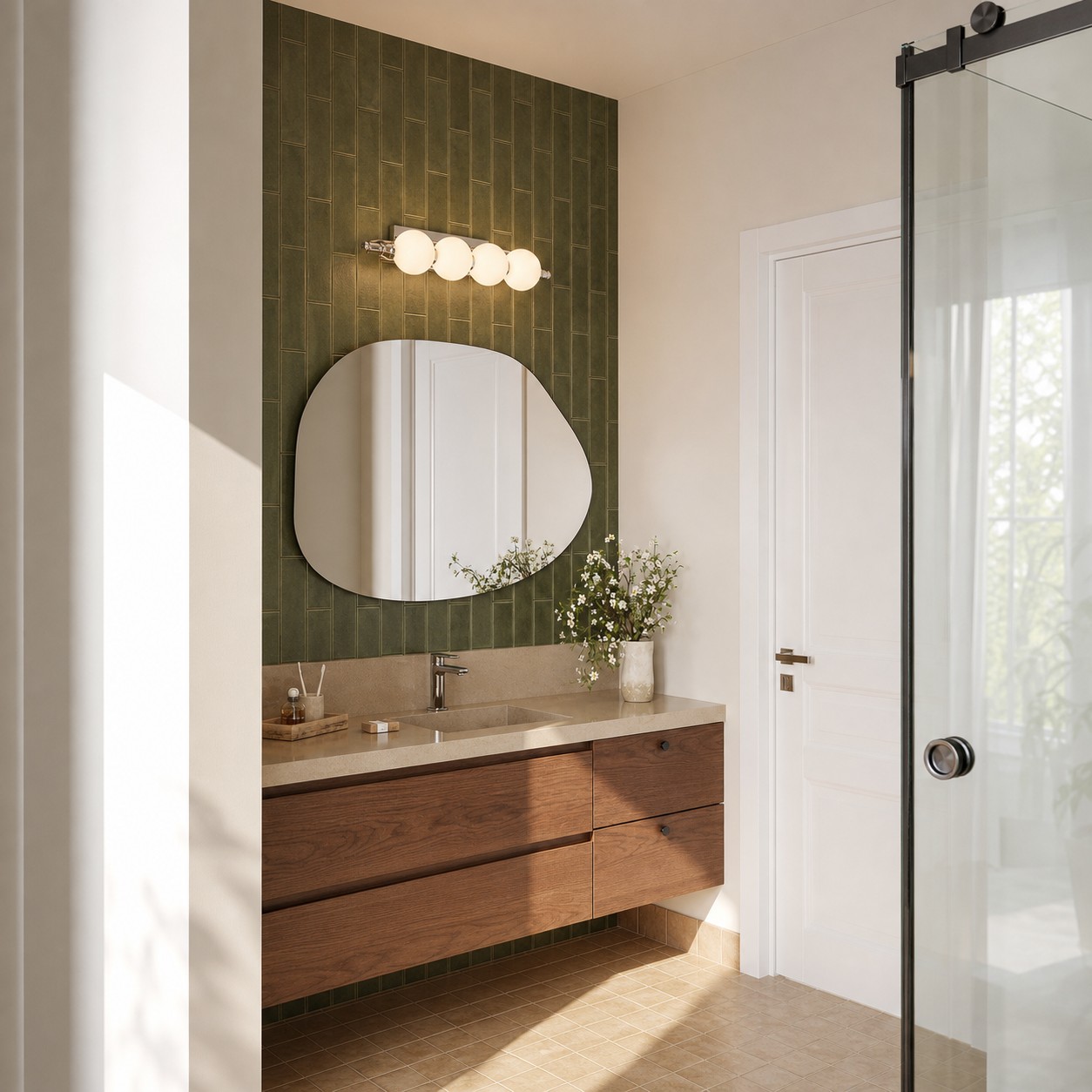 Lámpara de pared Lunica sobre pared verde de baño.