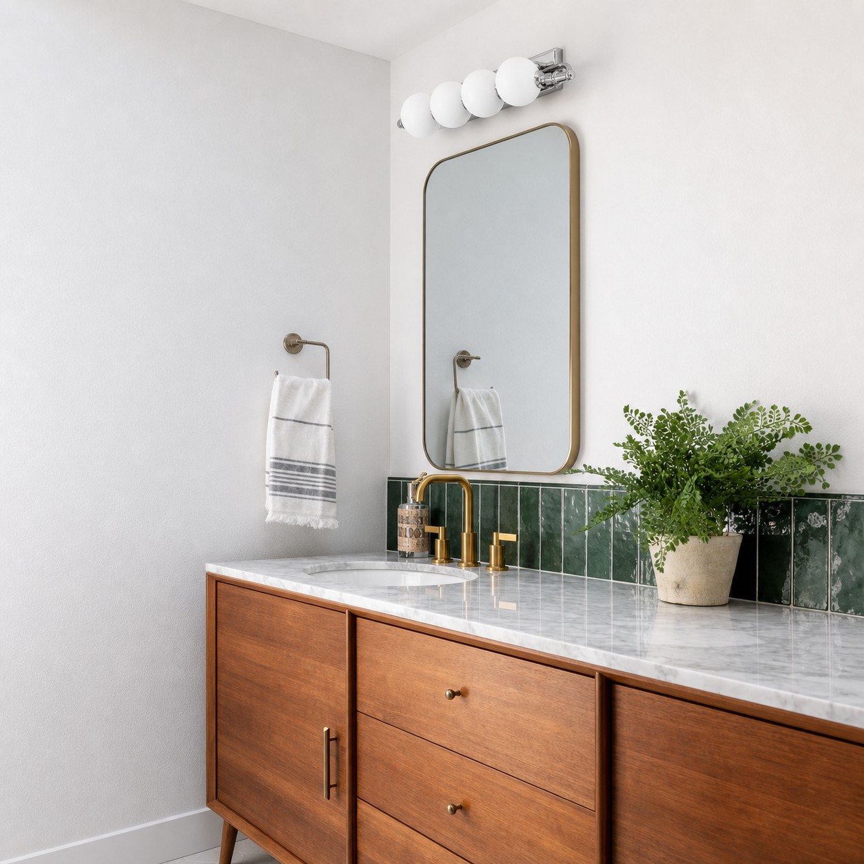 Lámpara de pared Lunica sobre el tocador de baño con azulejos verdes.