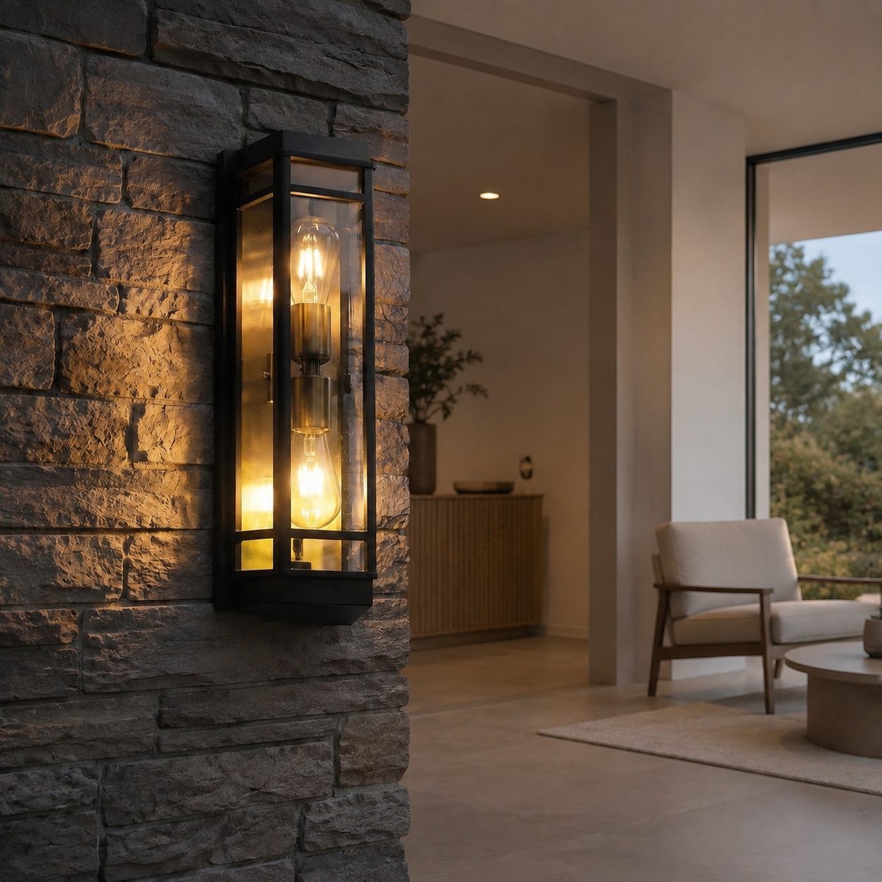 Black glass outdoor wall sconce outdoor installation scene