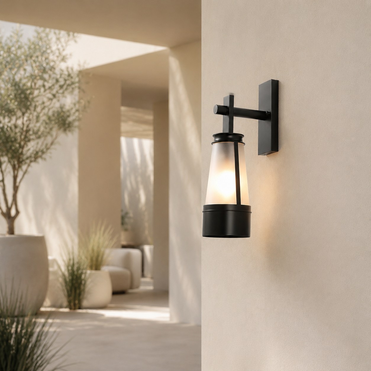 Vintage black outdoor wall lantern in a covered exterior setting 3