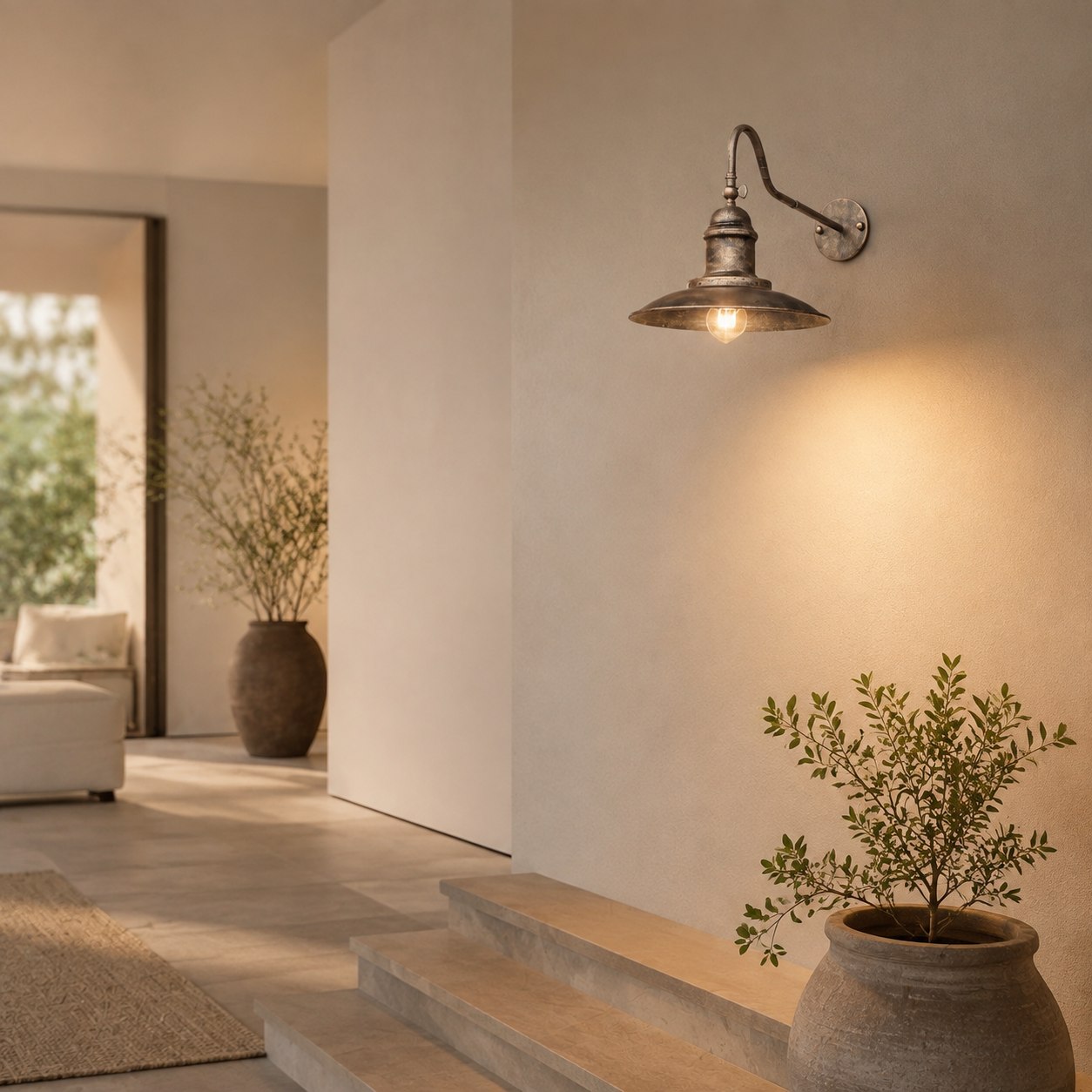 Outdoor wall sconces installed along a courtyard wall