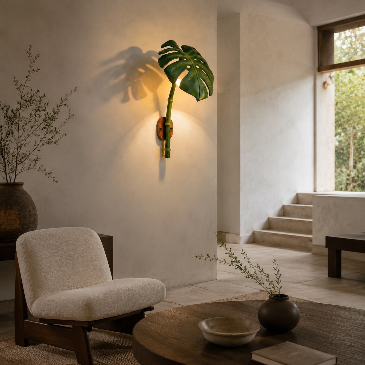Botanical wall light in an exterior setting