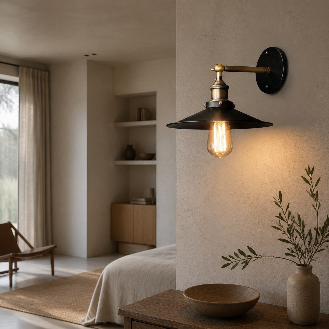 Outdoor wall lamp installed beside an entry door at night