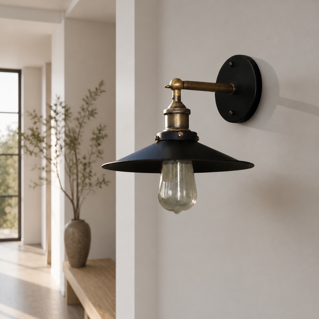 Outdoor wall lamp installed on exterior wall in daylight