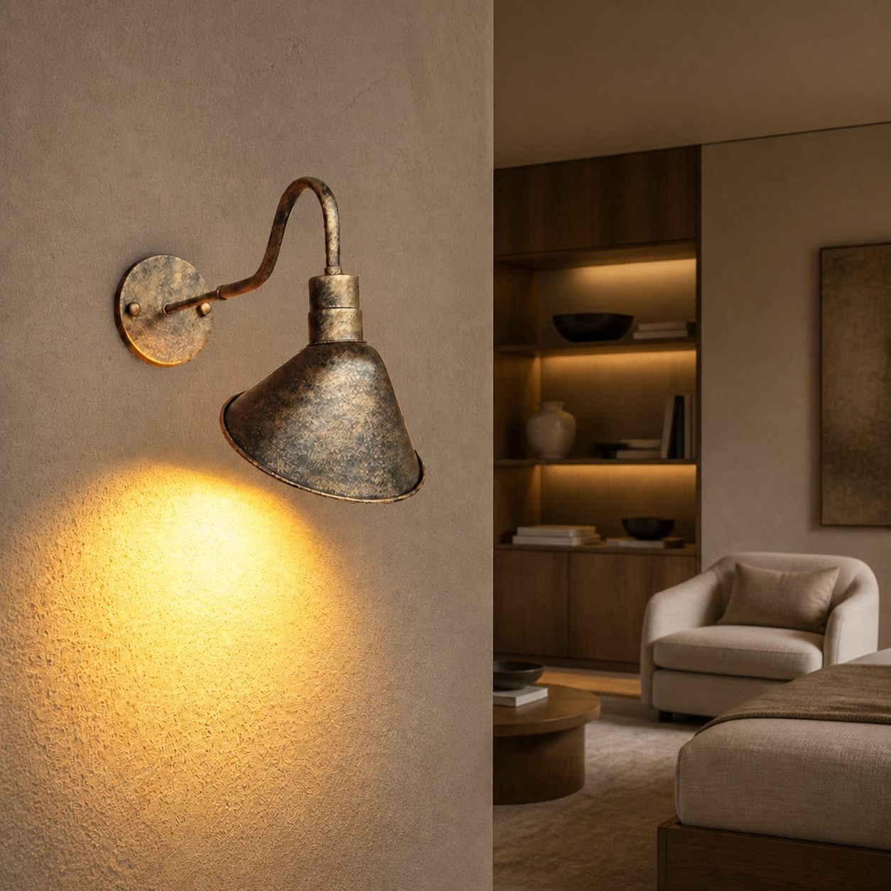 Antique brass cone shade wall sconce on a covered exterior wall