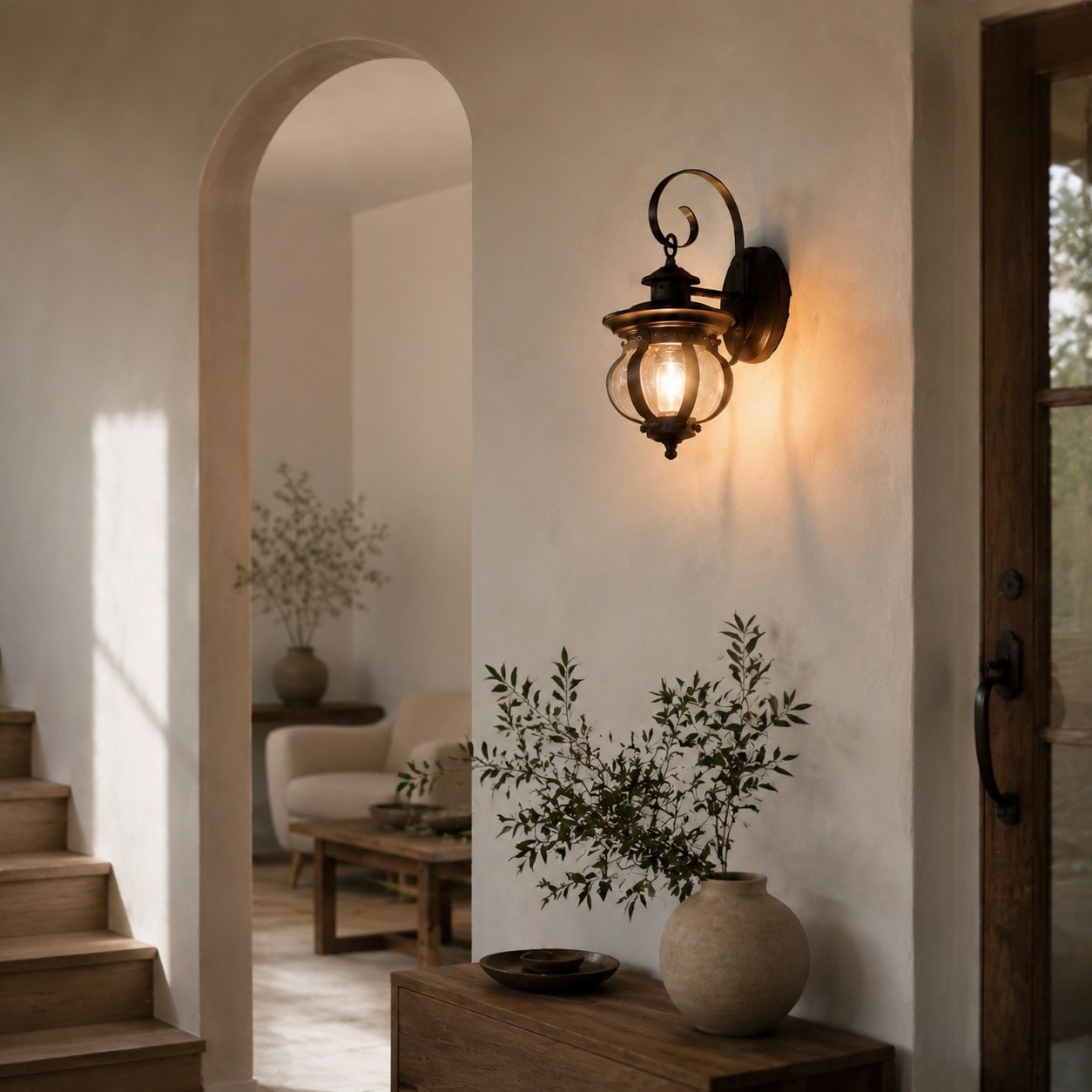 Outdoor wall lantern beside a stone entry wall