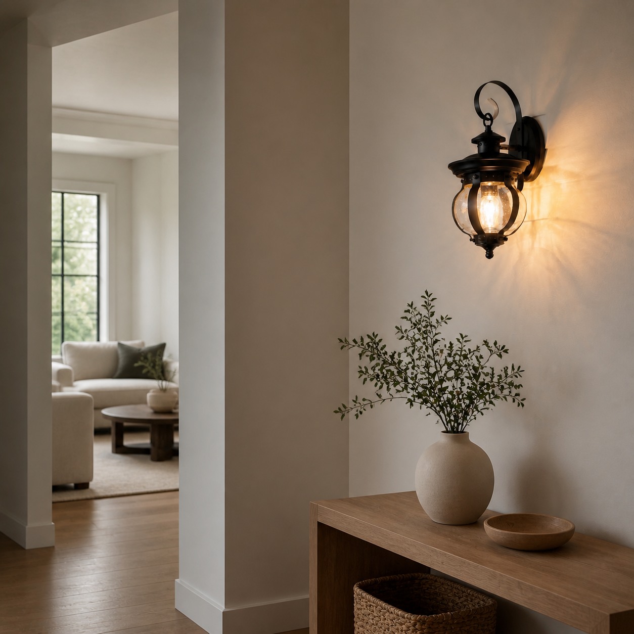 Outdoor wall lantern on a covered porch