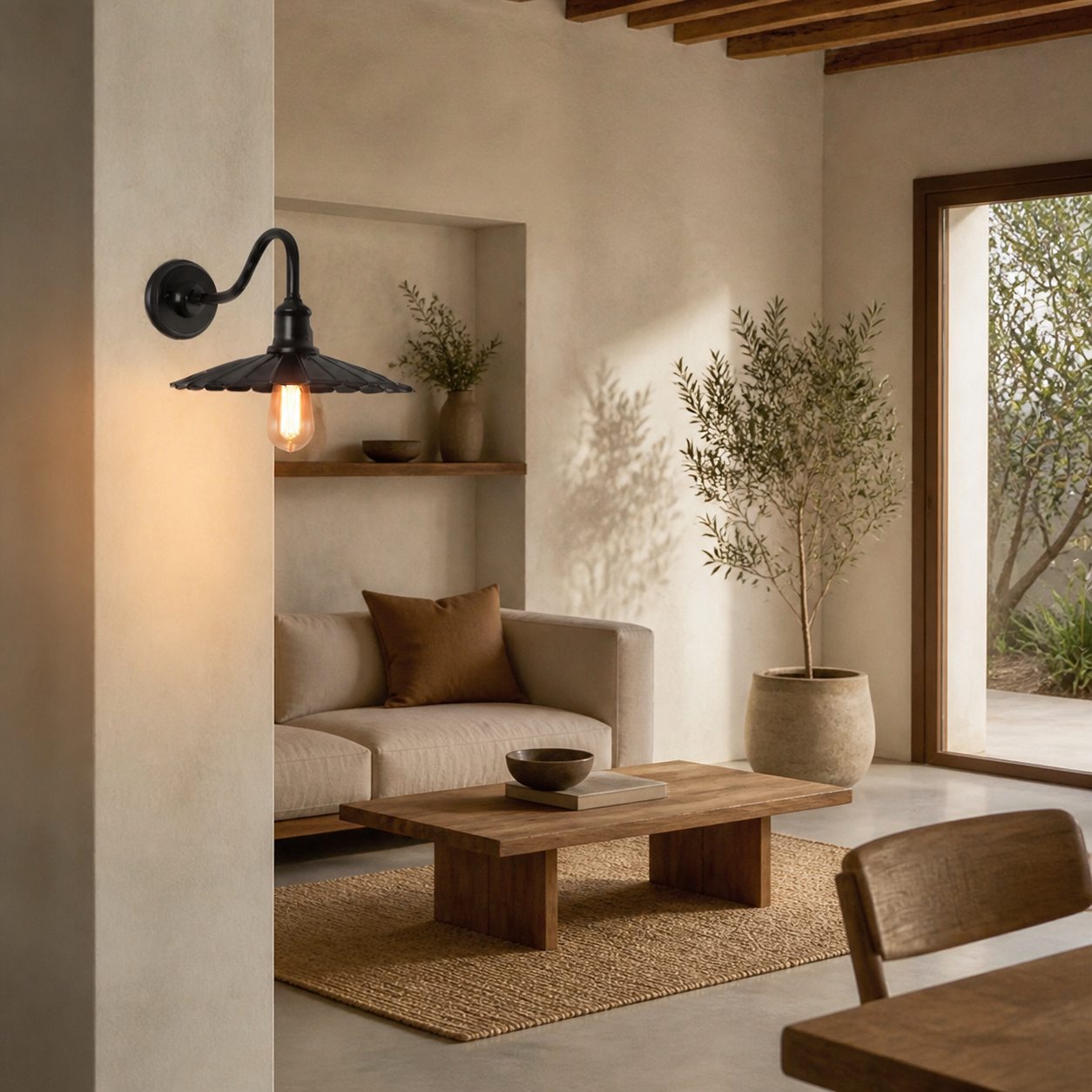Outdoor wall sconce along a garden path