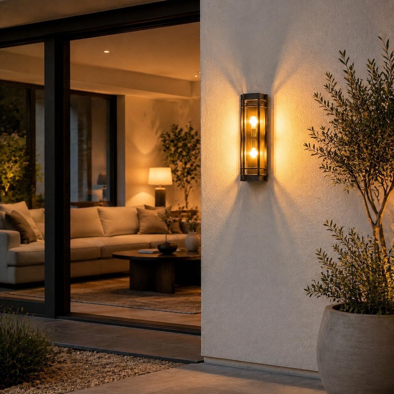 Black glass outdoor wall sconce outdoor installation scene