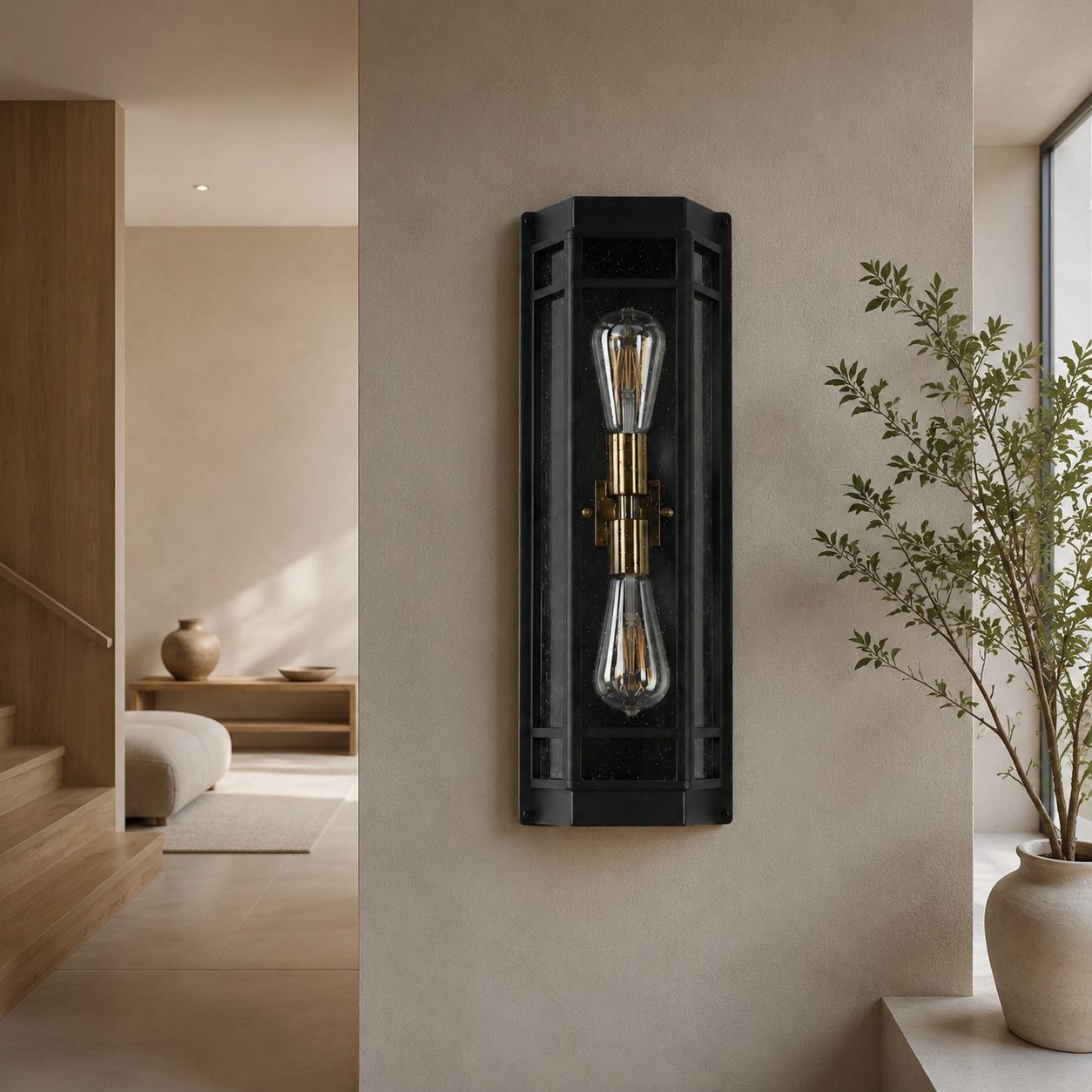 Black glass outdoor wall sconce outdoor installation scene