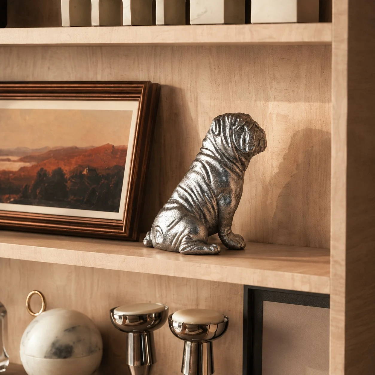 Floxo white copper bulldog scene light wood