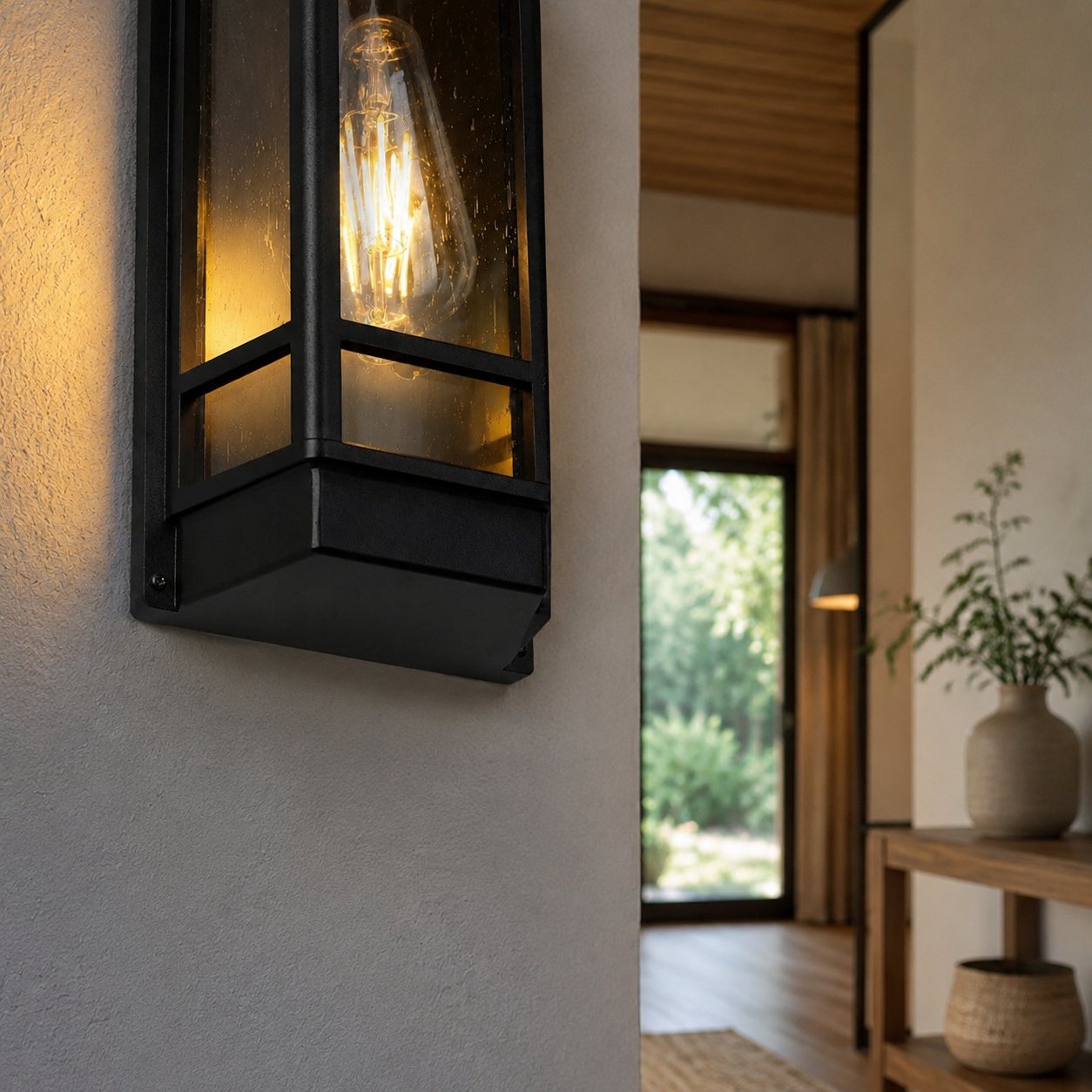 Black glass outdoor wall sconce lower frame detail