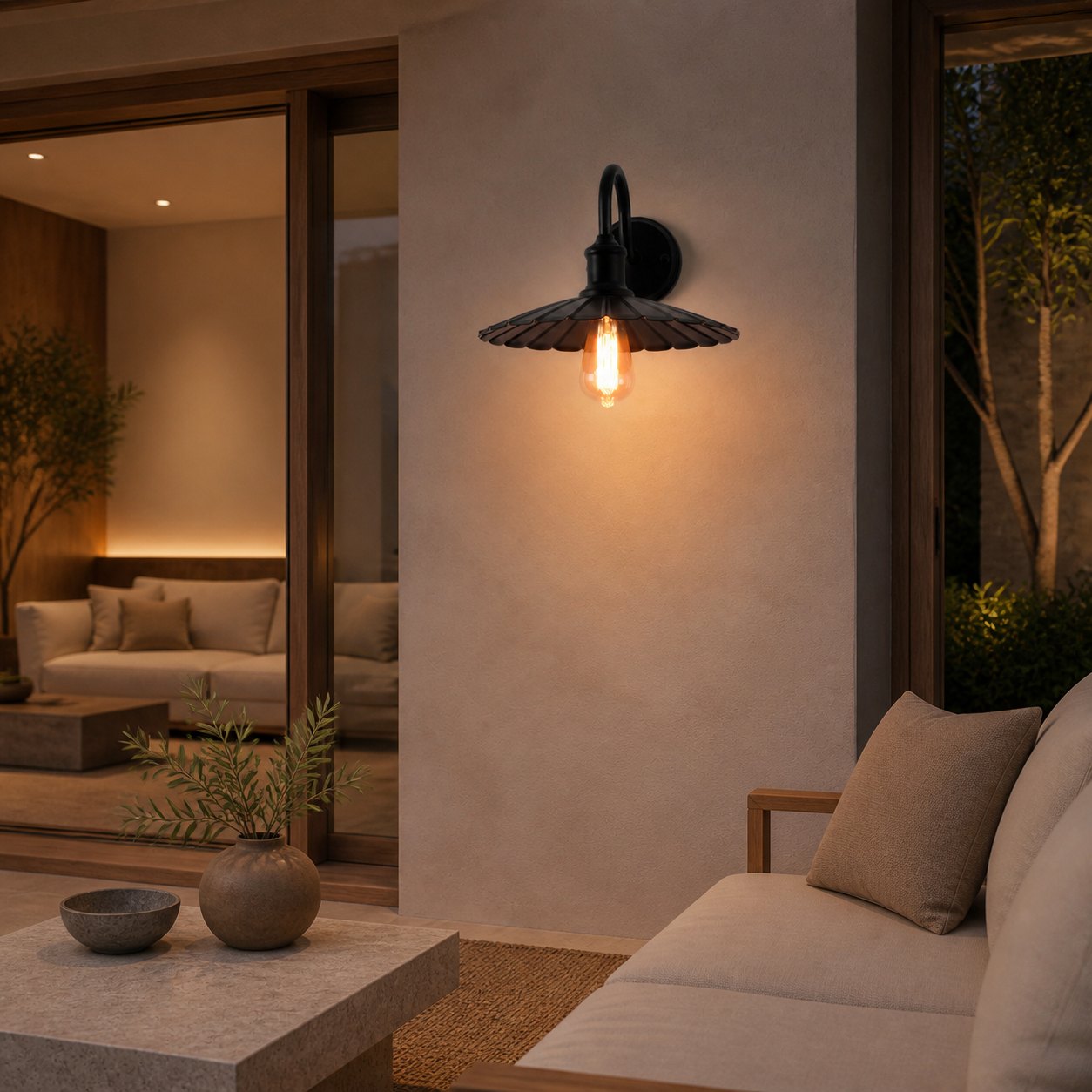 Outdoor wall sconce beside a patio seating area