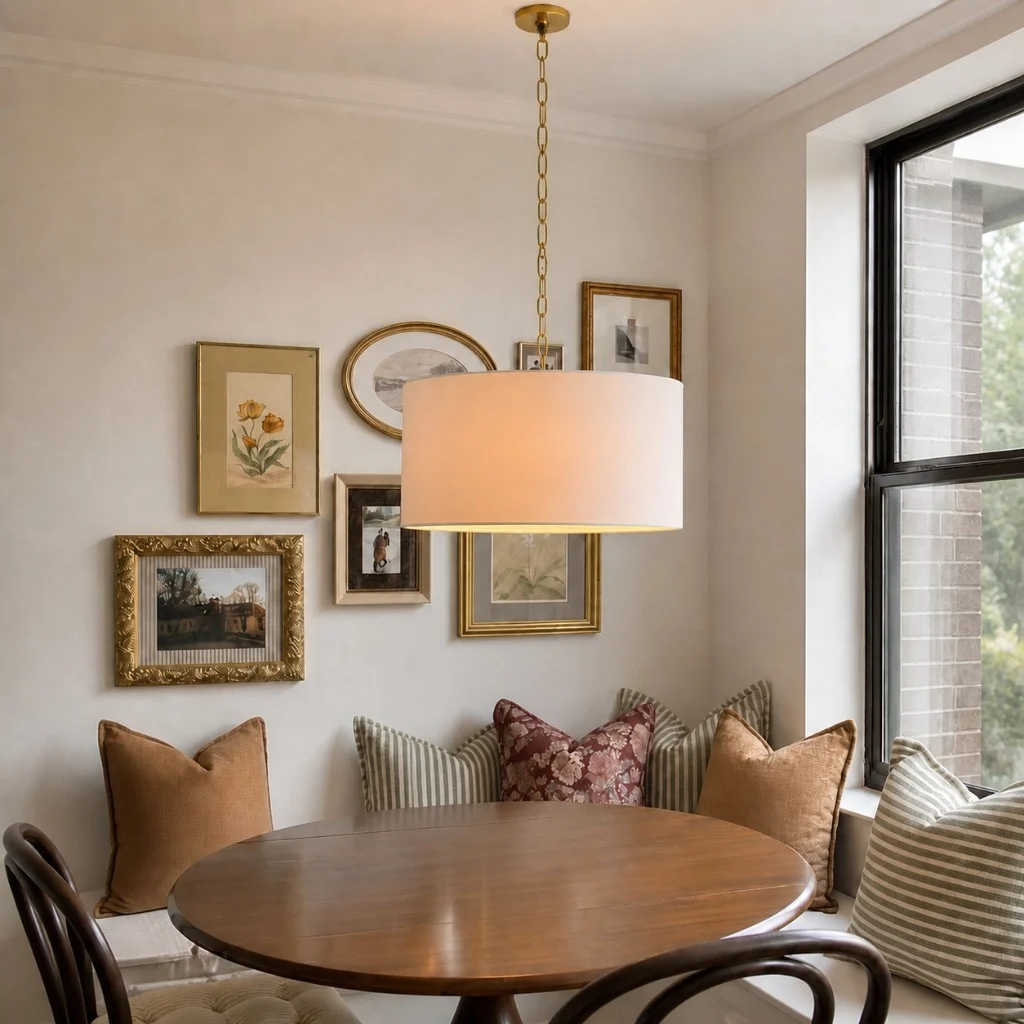 Dumora linen drum pendant in a dining room