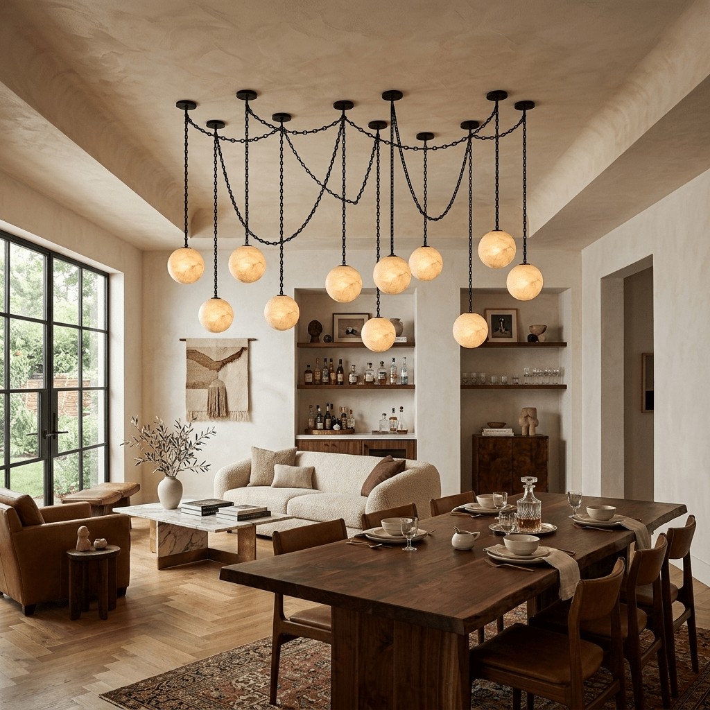 Black Metal Alabaster Globe Hardwired Chandelier product view