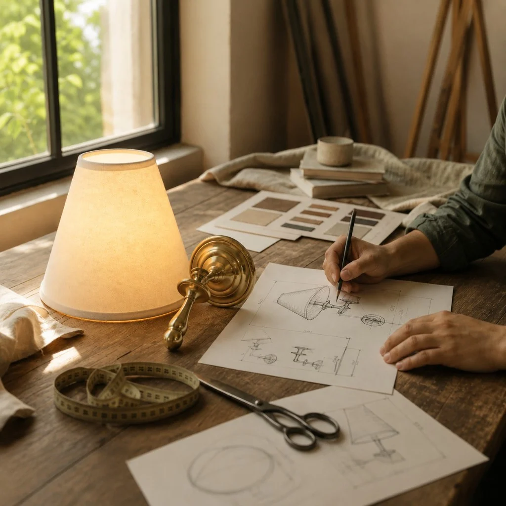 Roven linen shade on a work table