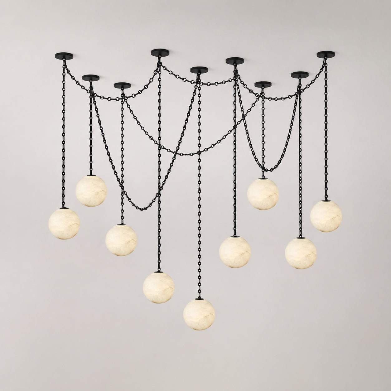 Black Metal Alabaster Globe Hardwired Chandelier in a warm interior