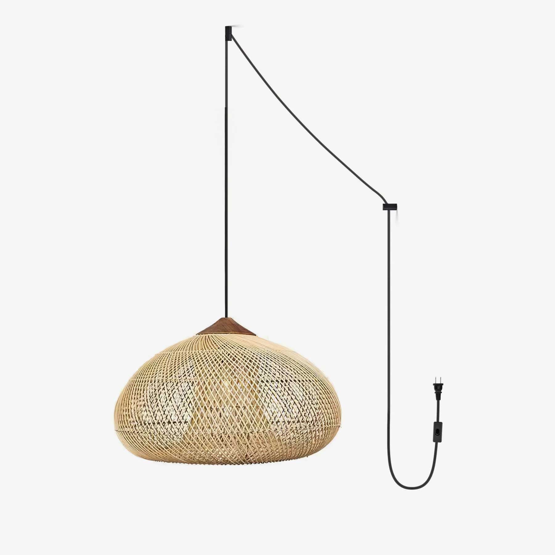 Woven Rattan Wood Plug-In Pendant Light dimensions and product diagram