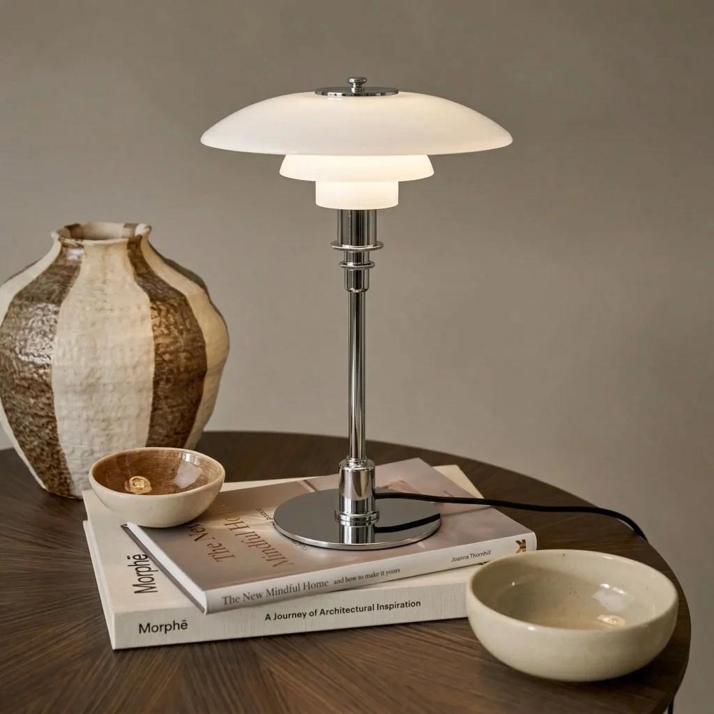 Layered opal table lamp on a side table