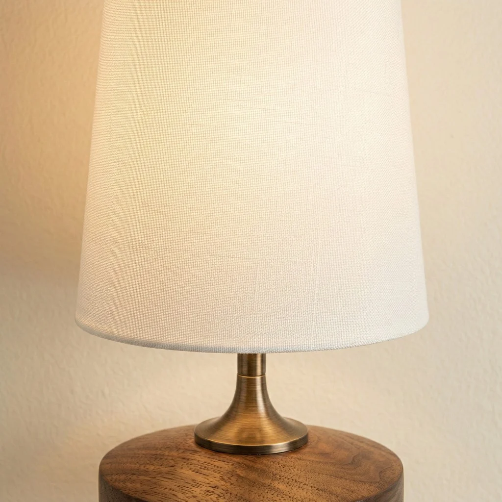 Fabric shade on walnut and brass, lit