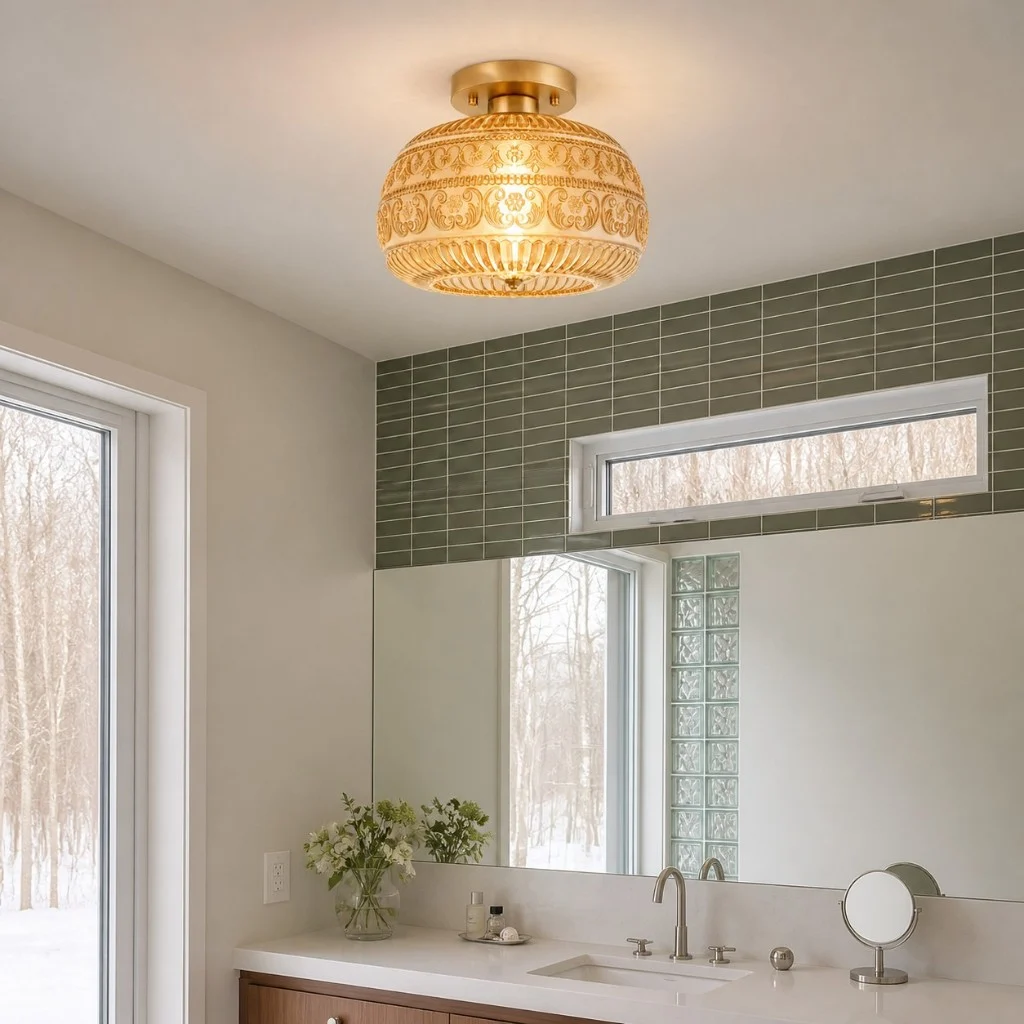 Navello amber glass ceiling light in a bathroom, light on