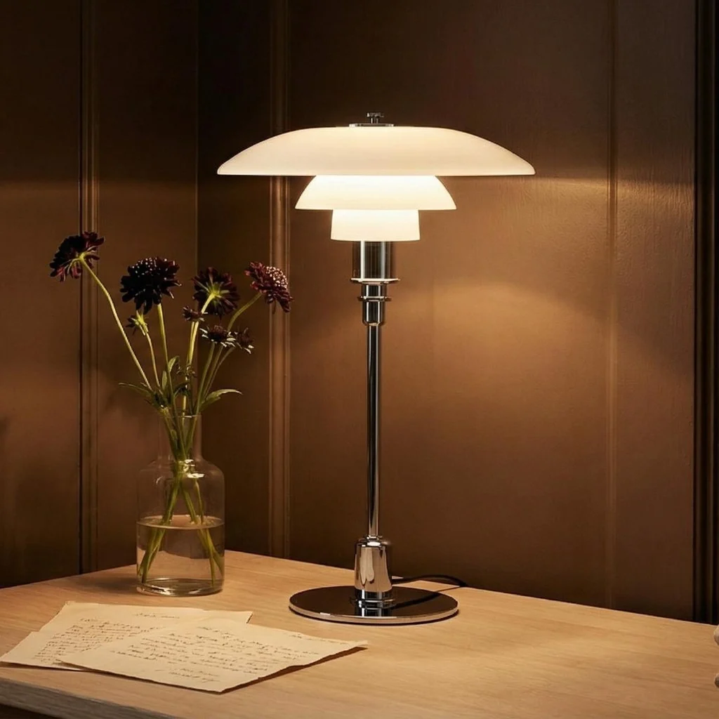 Opal table lamp on a wooden desk