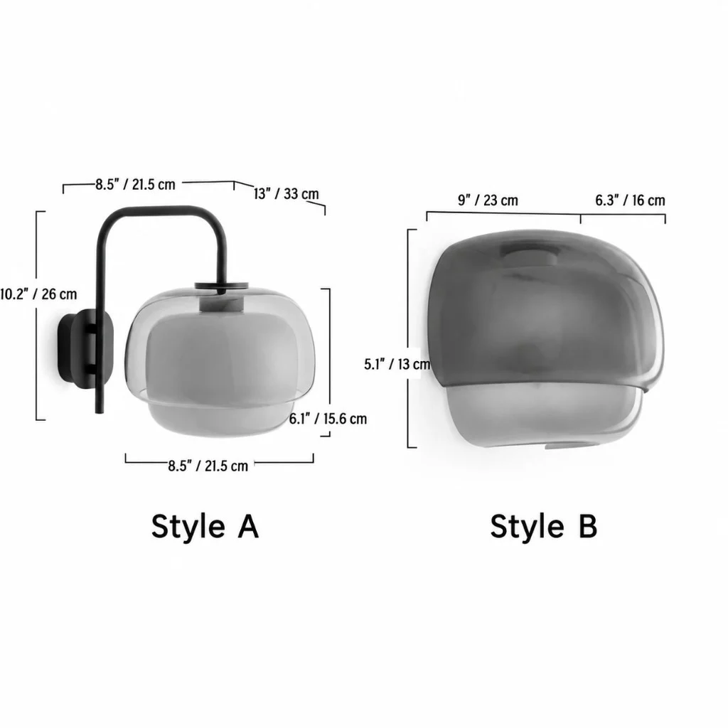 Diagrama de dimensiones de las lámparas de pared Clinco estilo A y estilo B