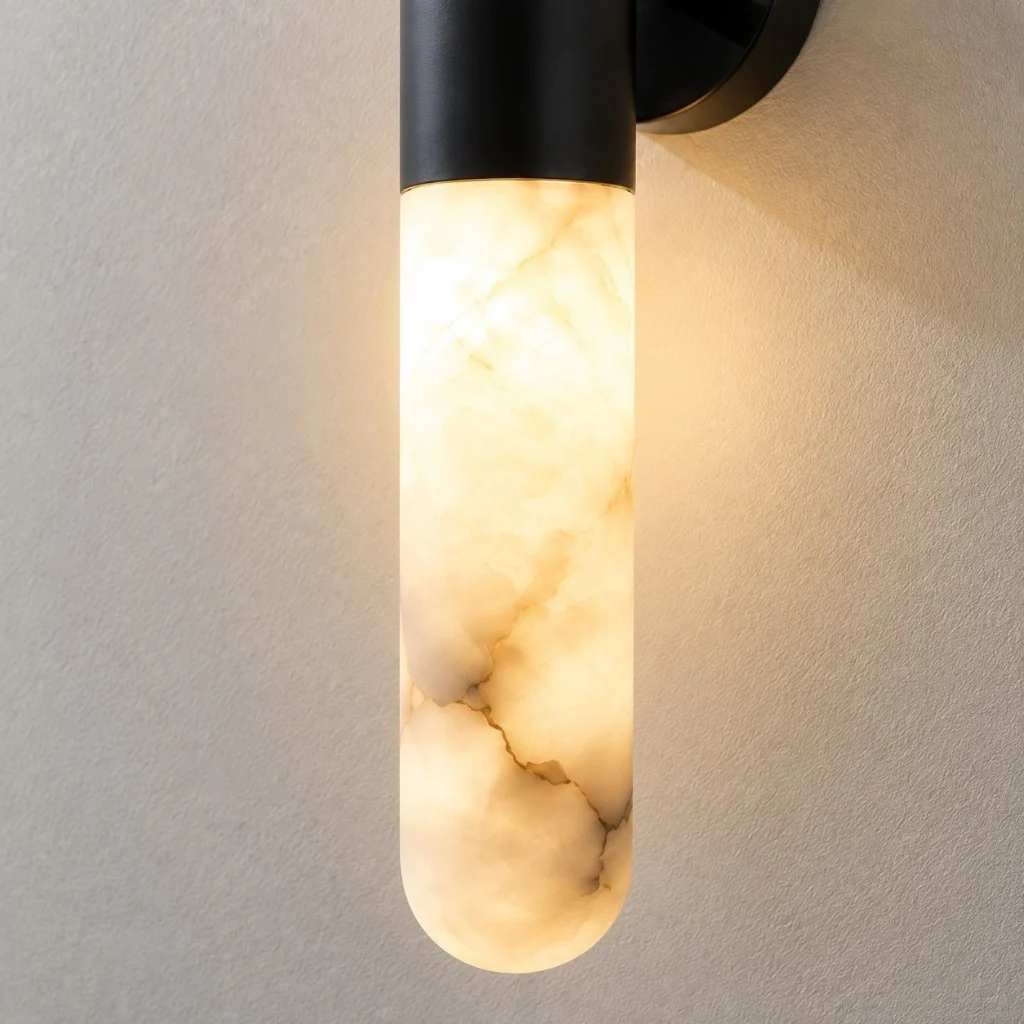 Lit alabaster cylinder, black collar