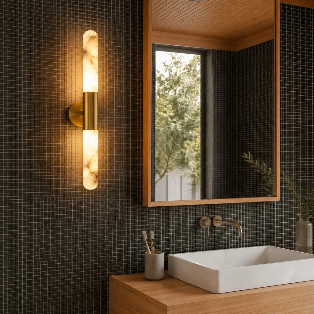 Velora gold sconce on a dark mosaic wall
