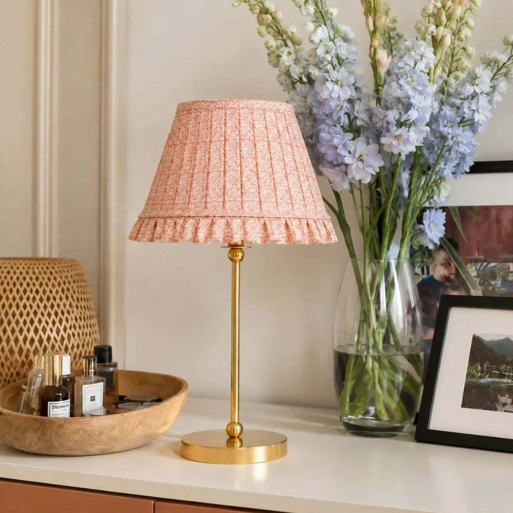 Solmire ruffle table lamp in pink print
