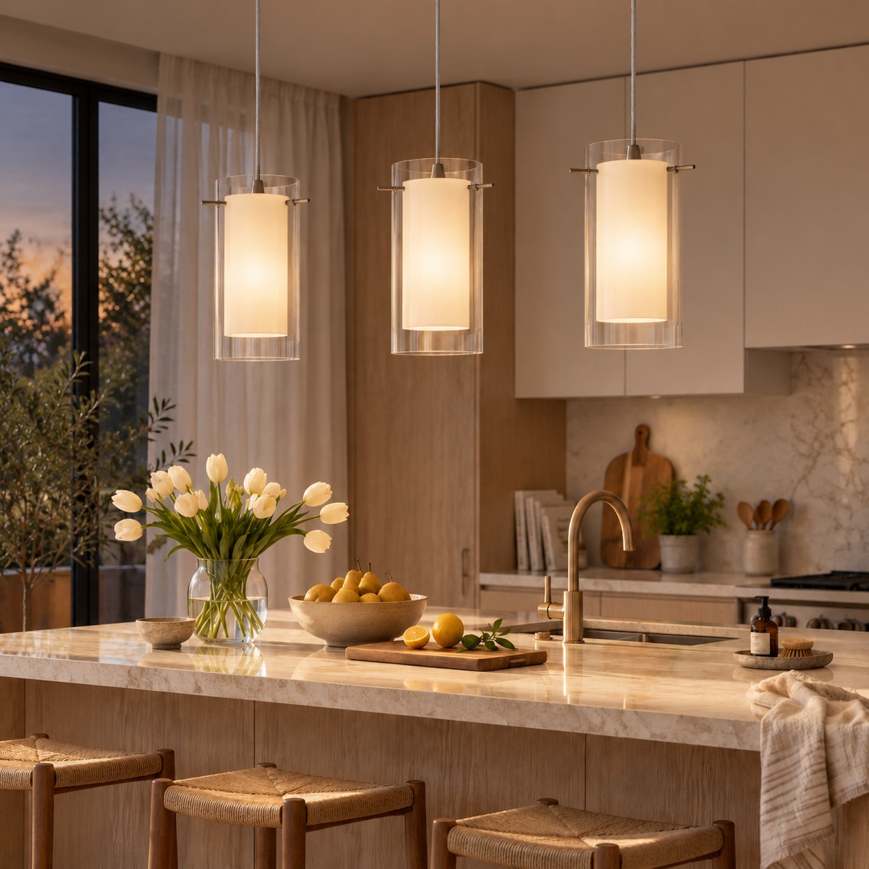 Double Glass Pendant Light with clear and white glass and a modern profile