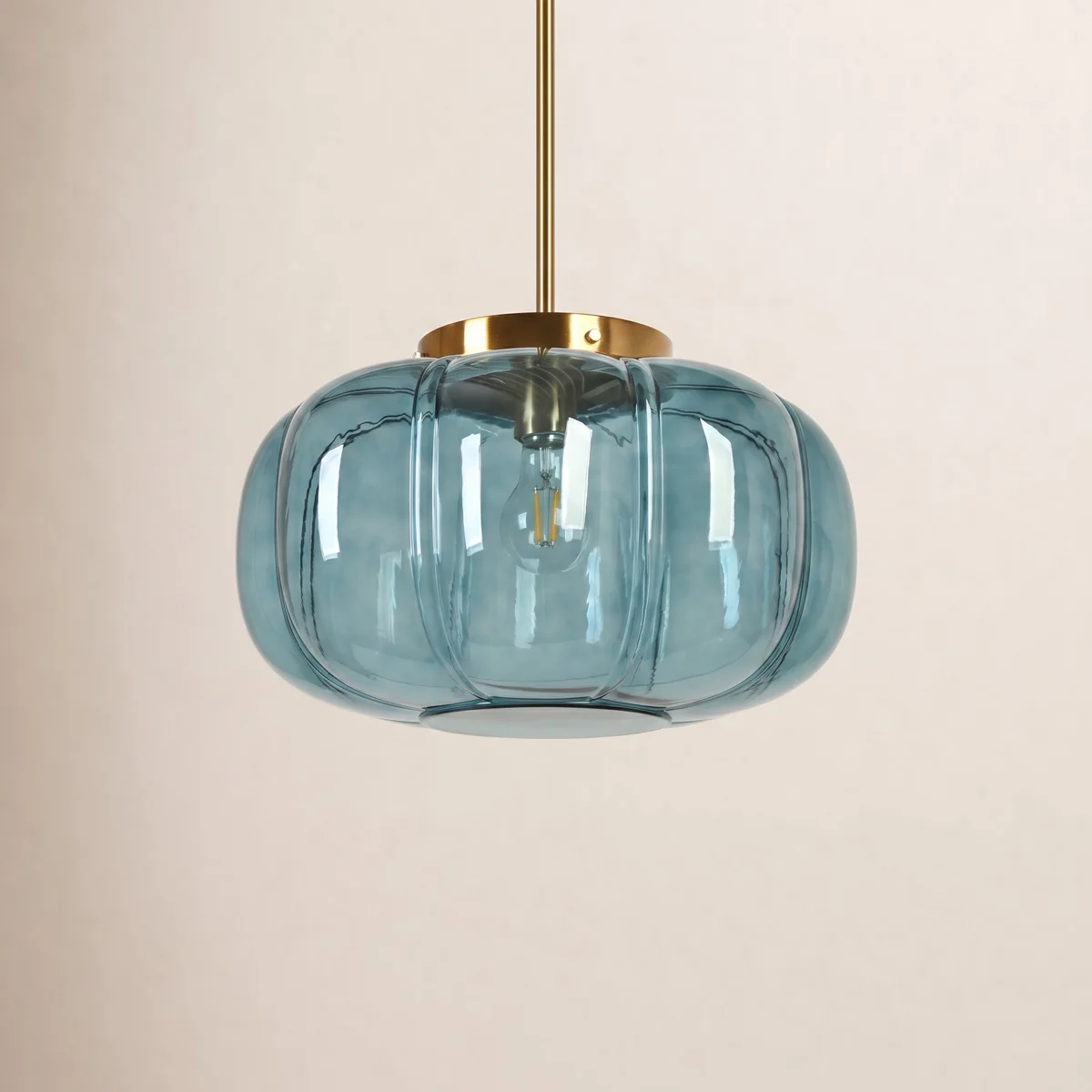 Ribbed Glass Dome Pendant with blue or clear glass and ribbed texture
