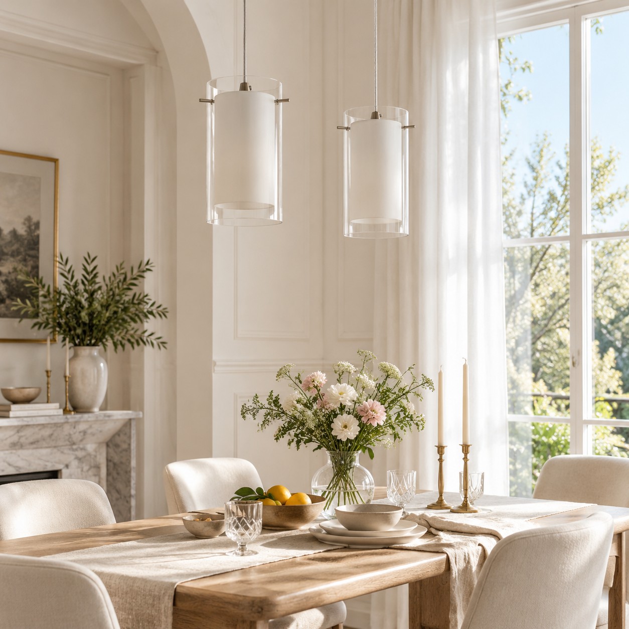 Double Glass Pendant Light with clear and white glass and a modern profile