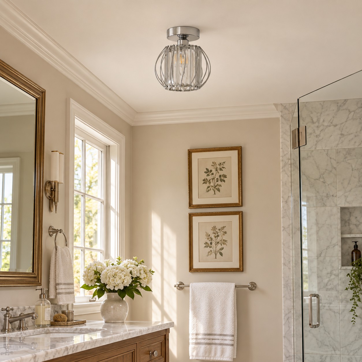 Geometric Crystal Ceiling Light with clear panels and a cage frame